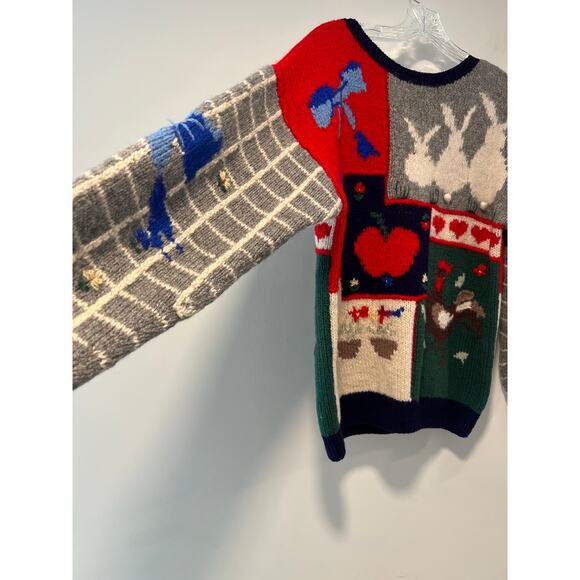 Vintage Wool & Angora Teacher's Knit Sweater Bunnies Rooster & Apple Sz Small JL - Picture 2 of 10